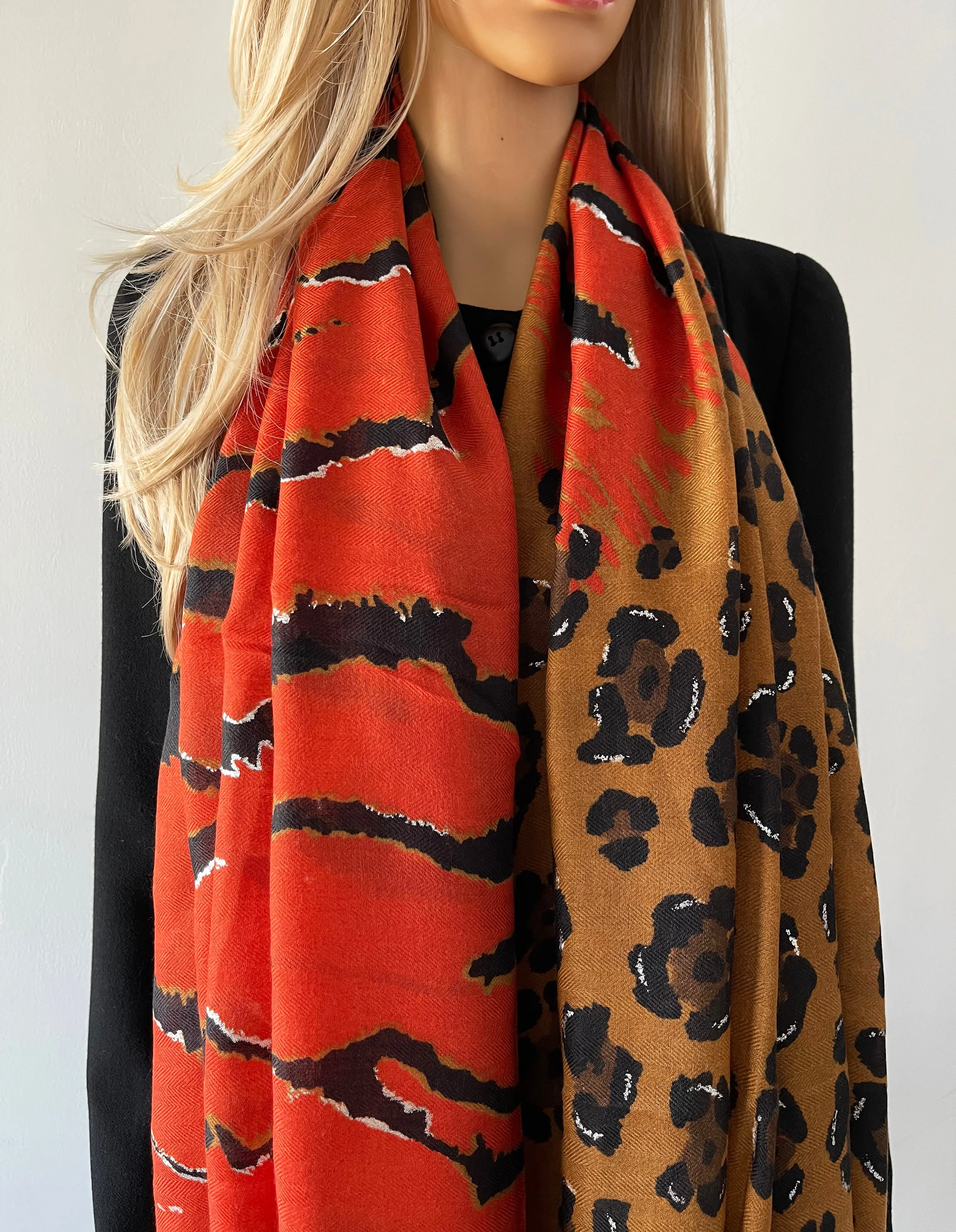 LARGE DEEP ORANGE ZEBRA AND LEOPARD PRINT SHAWL SCARF