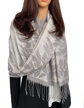 LARGE SILVER GREY LEAF PRINT REVERSIBLE PASHMINA SHAWL SCARF