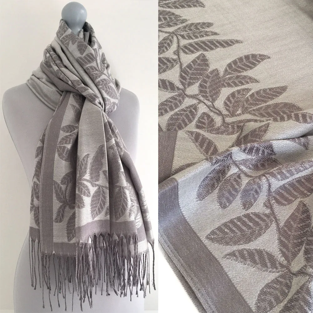 LARGE SILVER GREY LEAF PRINT REVERSIBLE PASHMINA SHAWL SCARF