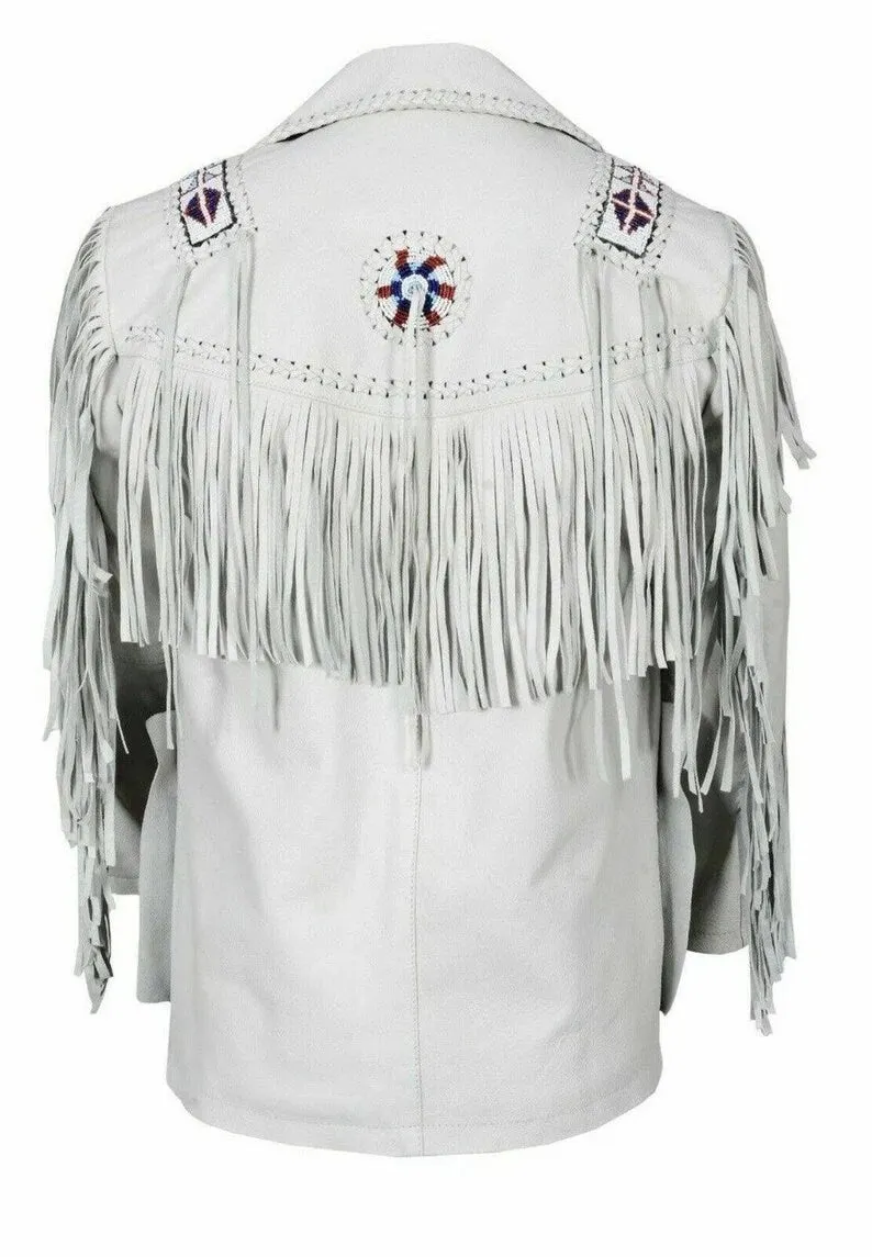 Leather jacket Men's Traditional Native White Classic Leather Western Jacket With Braided Fringes Country Side Red Indian Western