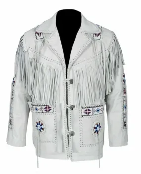 Leather jacket Men's Traditional Native White Classic Leather Western Jacket With Braided Fringes Country Side Red Indian Western