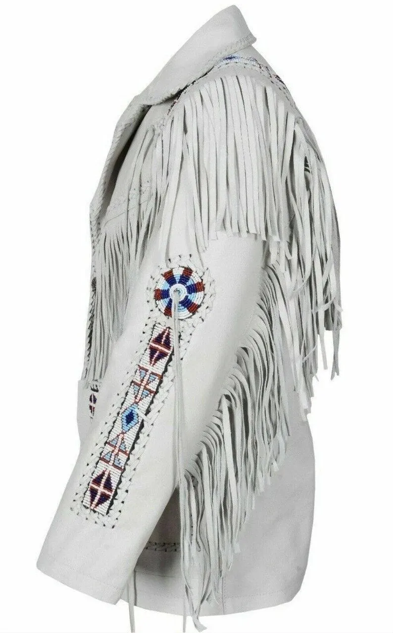 Leather jacket Men's Traditional Native White Classic Leather Western Jacket With Braided Fringes Country Side Red Indian Western