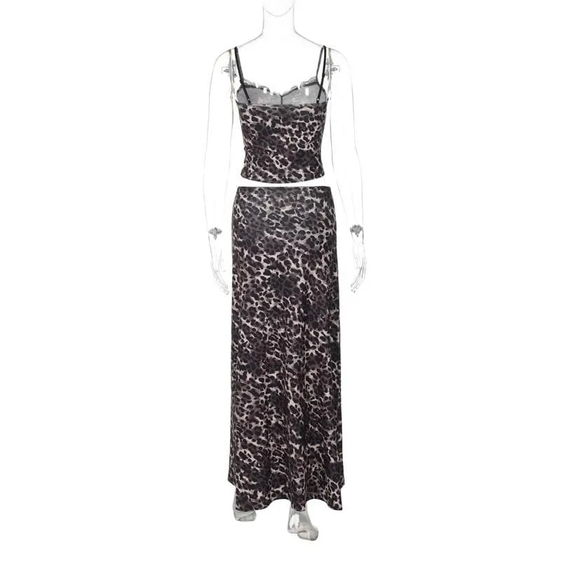 Leopard print lace hem cami maxi skirt set