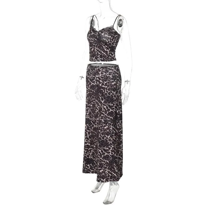 Leopard print lace hem cami maxi skirt set