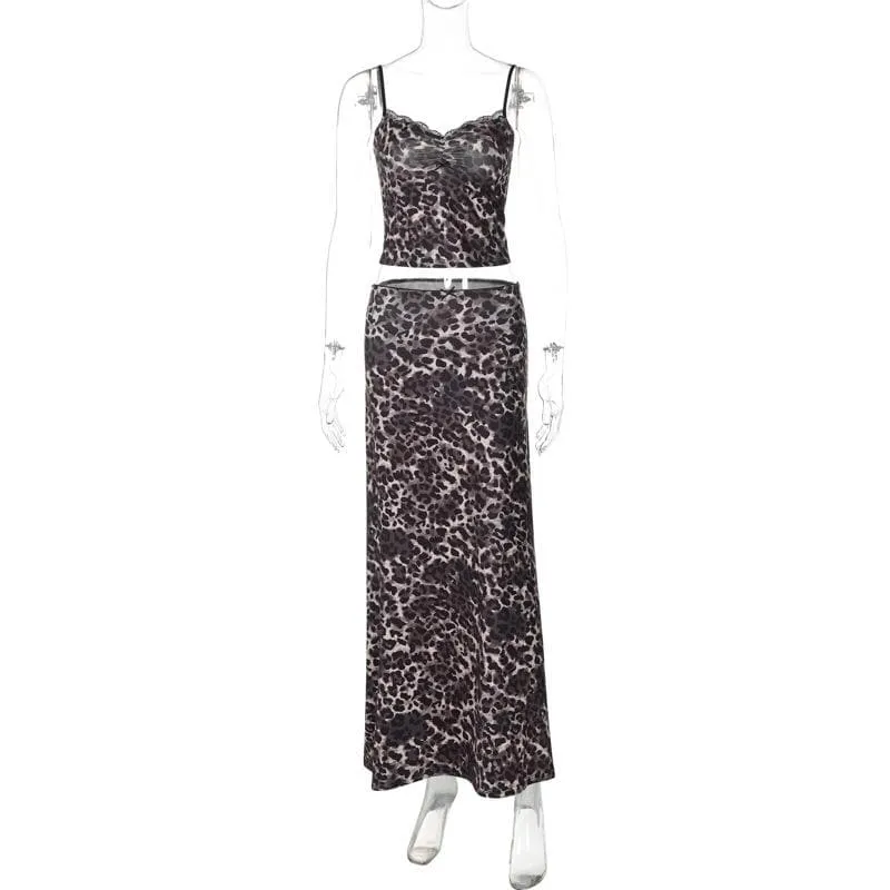 Leopard print lace hem cami maxi skirt set