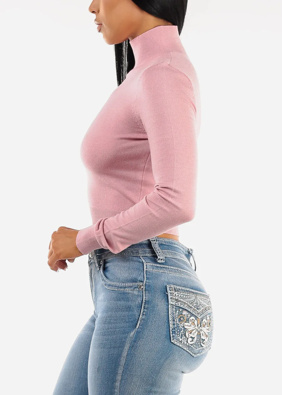 Long Sleeve Mock Neck Crop Sweater Light Pink