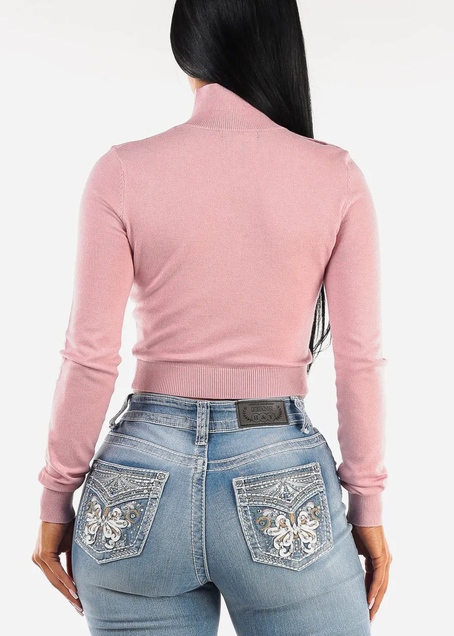 Long Sleeve Mock Neck Crop Sweater Light Pink