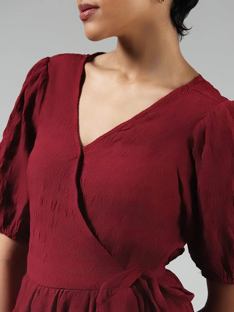 LOV Solid Burgundy Crinkled Tiered Dress