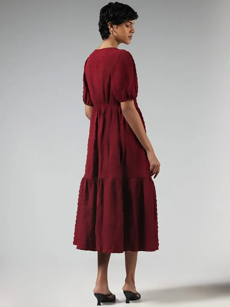 LOV Solid Burgundy Crinkled Tiered Dress