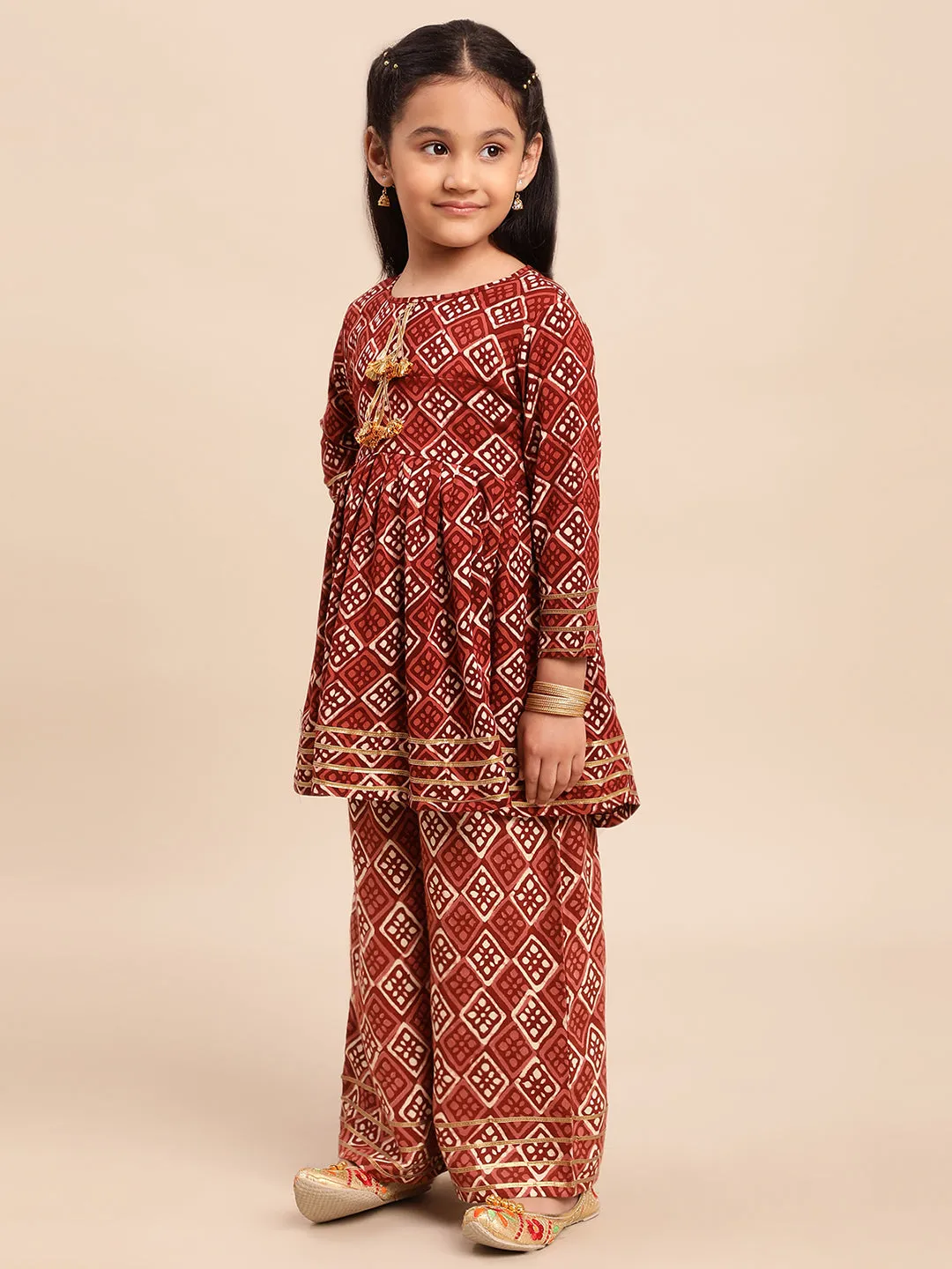 Maroon Printed Rayon Girls Kurta Set