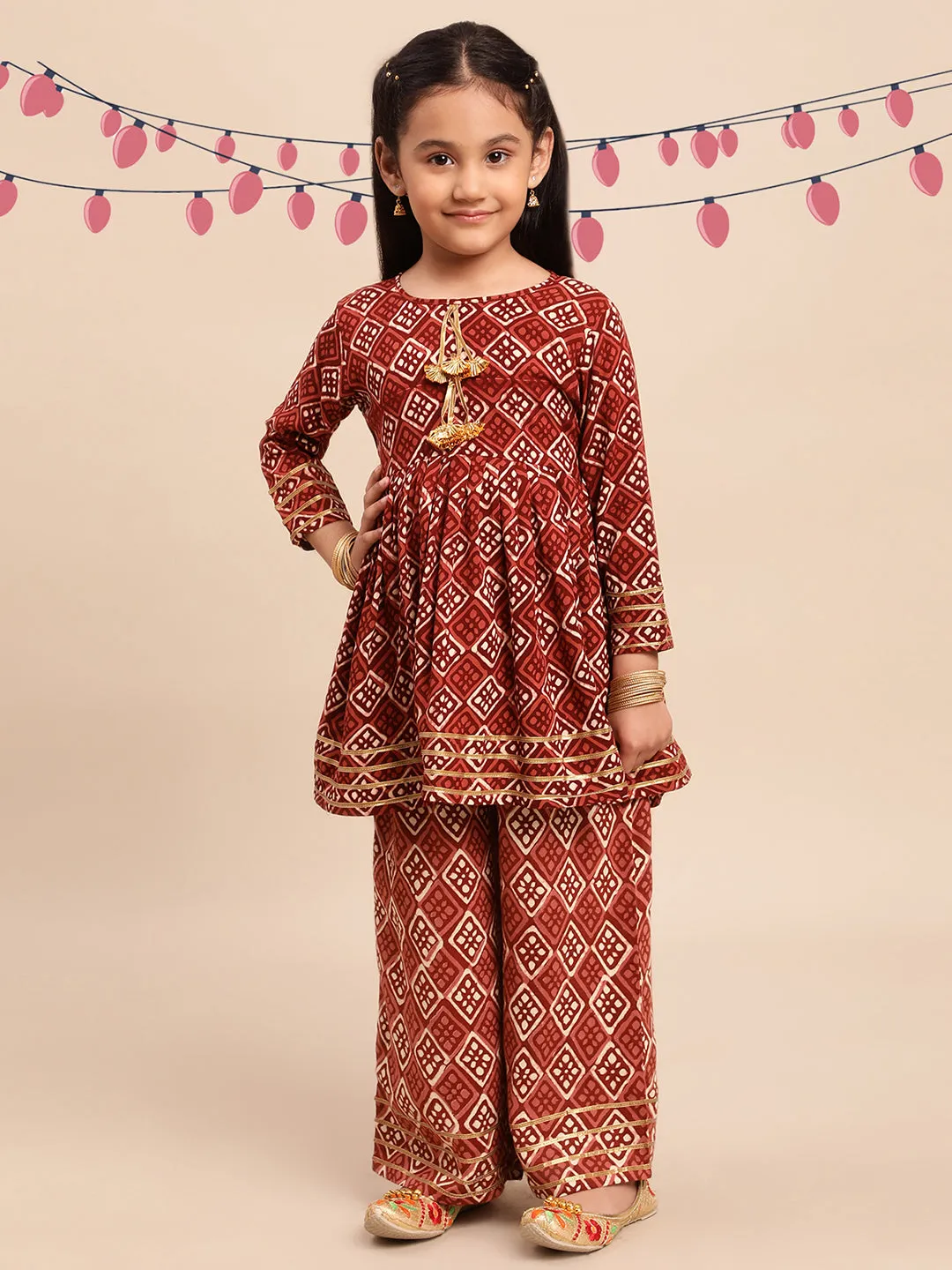 Maroon Printed Rayon Girls Kurta Set