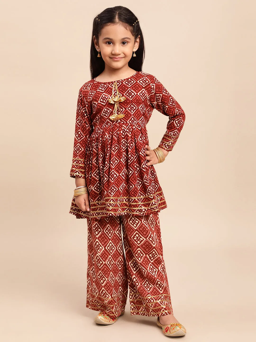 Maroon Printed Rayon Girls Kurta Set