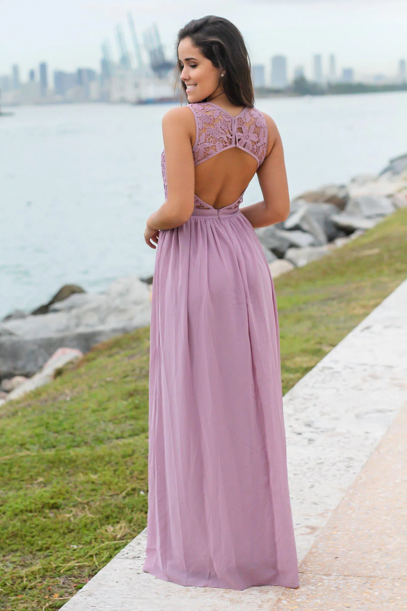 Mauve Crochet Maxi Dress with Open Back