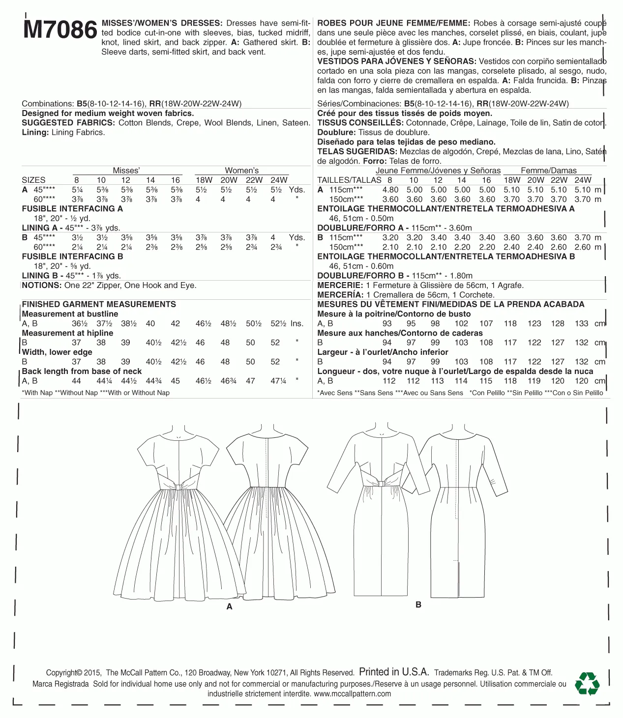 McCall's Pattern M7086 Misses'/Women's Dresses