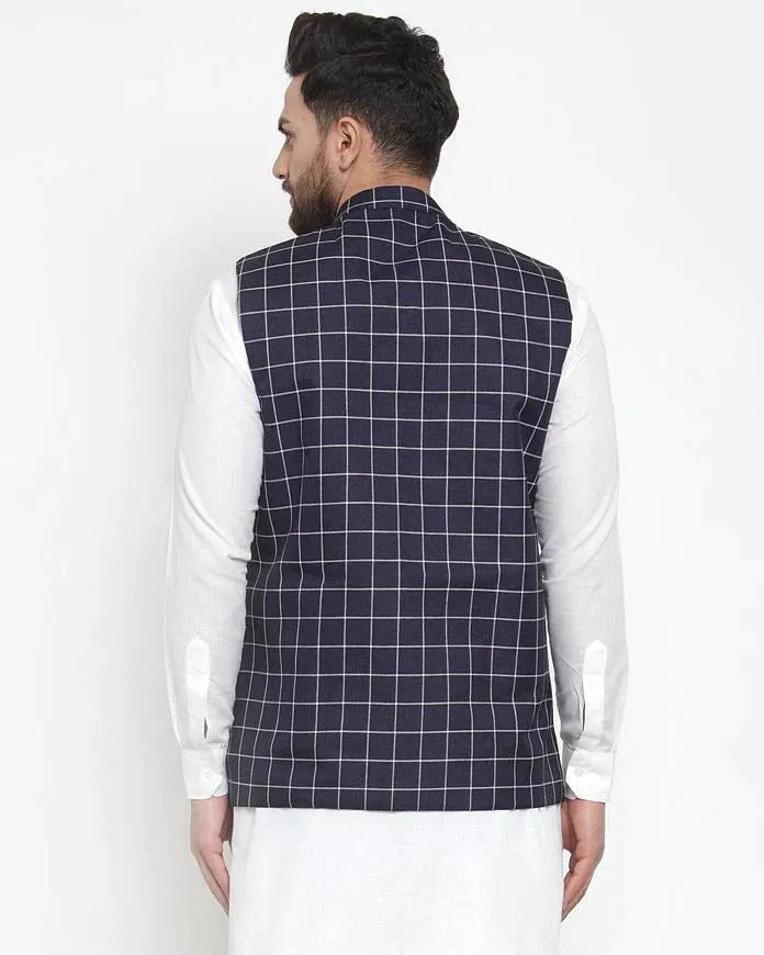 Men Navy-Blue Checked Nehru Jacket