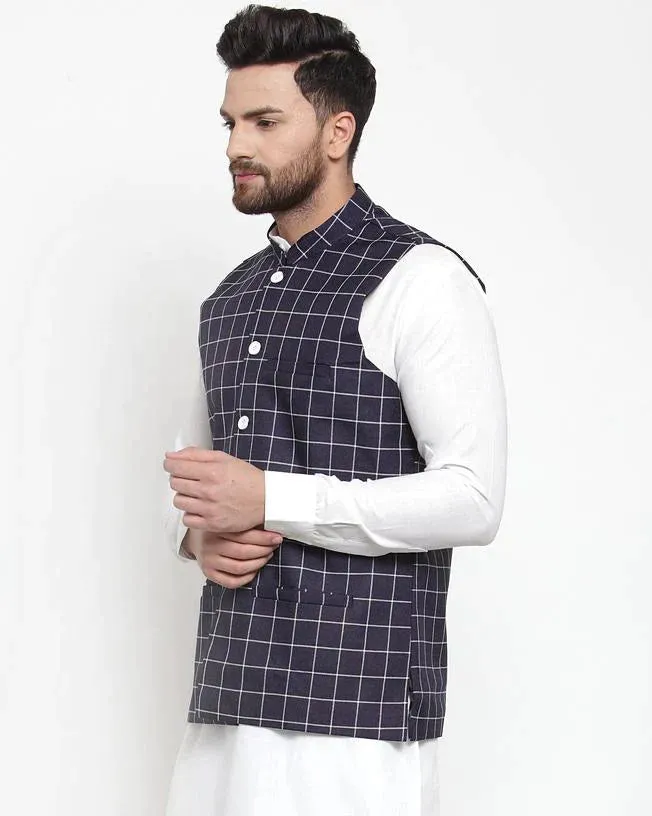 Men Navy-Blue Checked Nehru Jacket