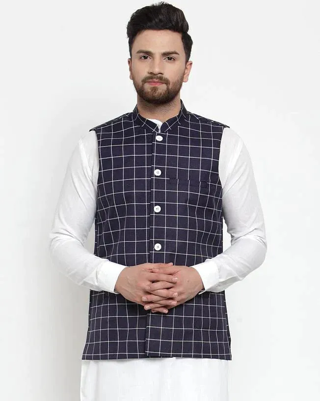 Men Navy-Blue Checked Nehru Jacket