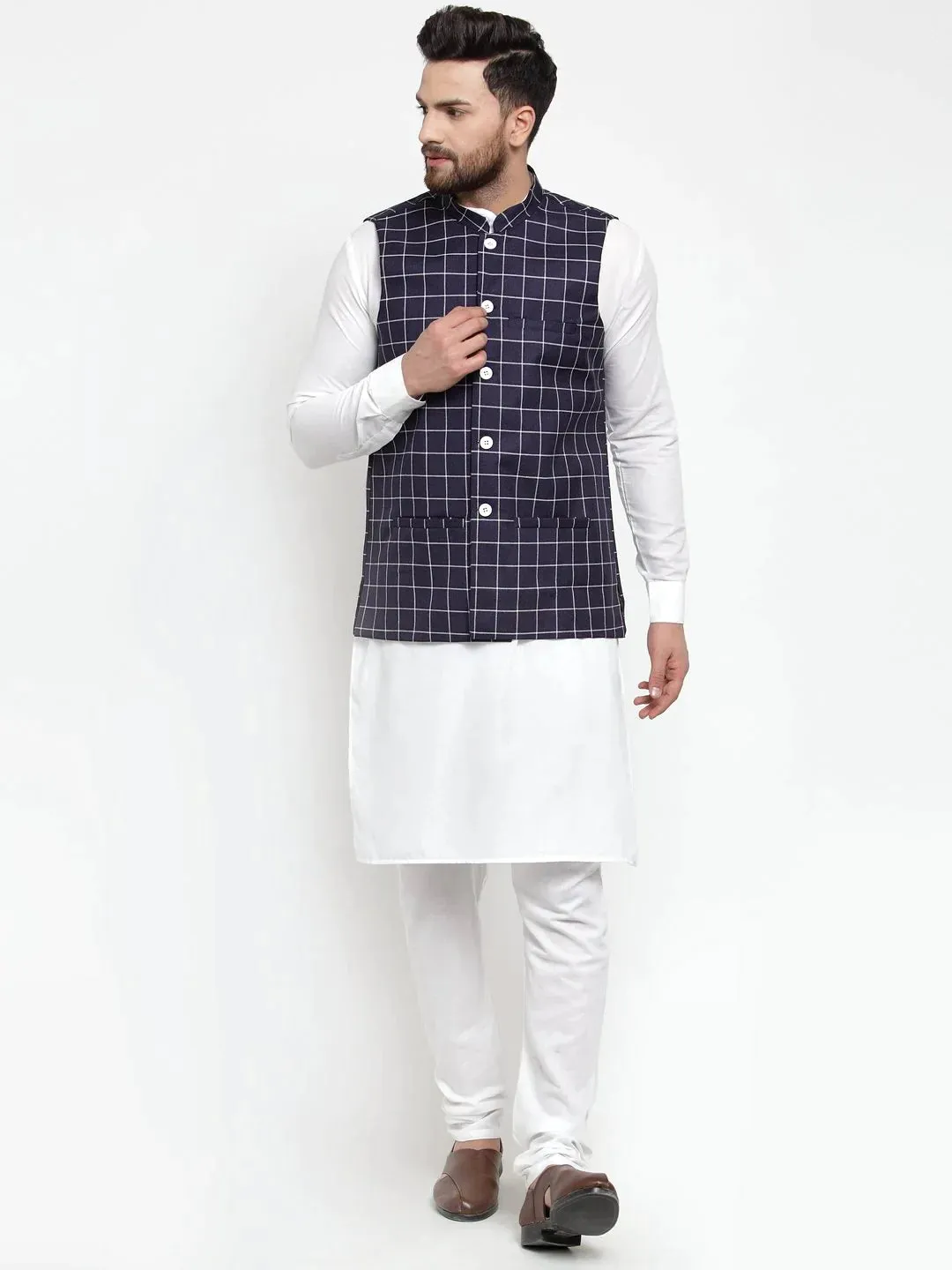 Men Navy-Blue Checked Nehru Jacket