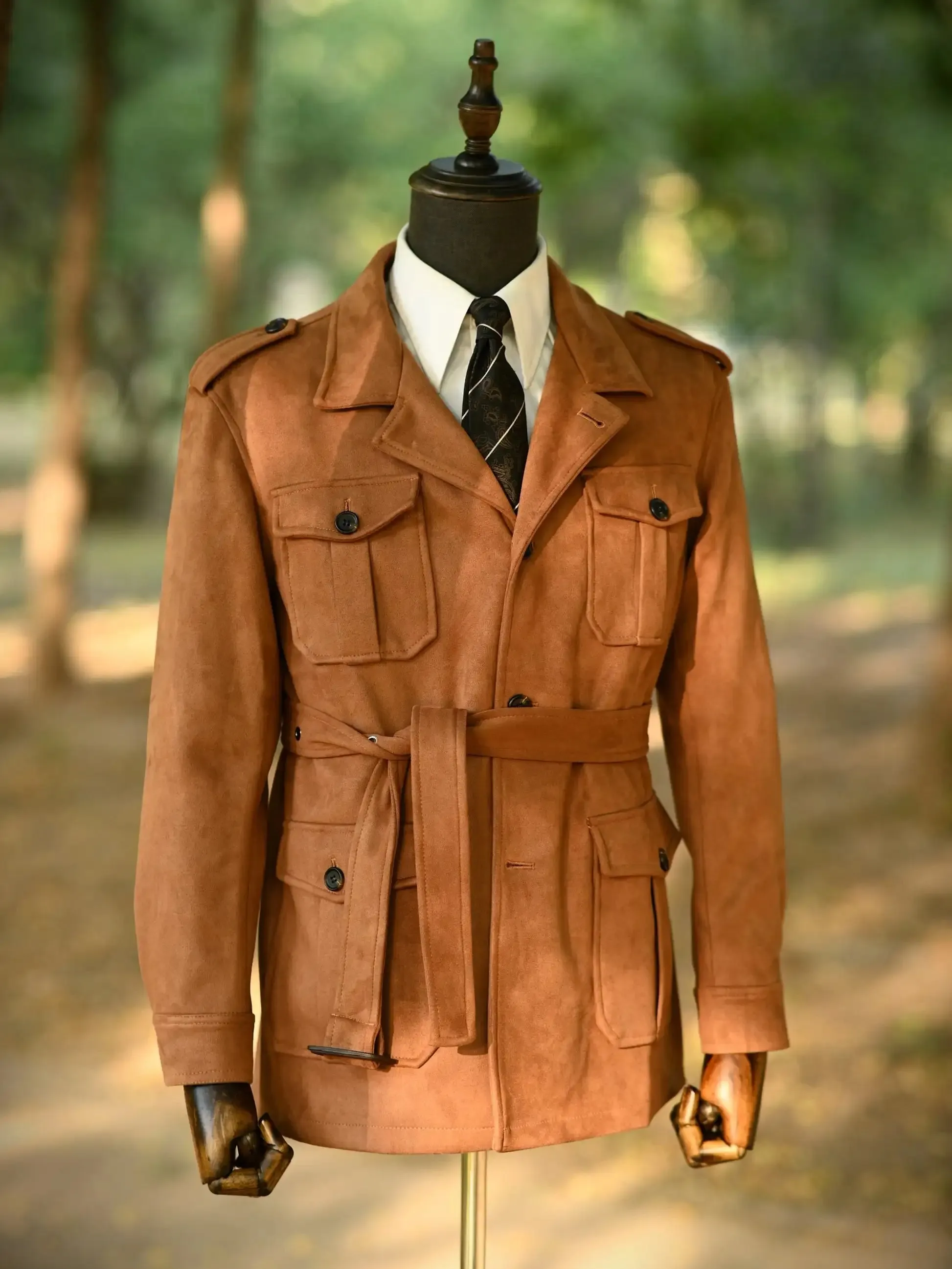 Men's Faux-Suede Safari Jacket Military Style Outwear