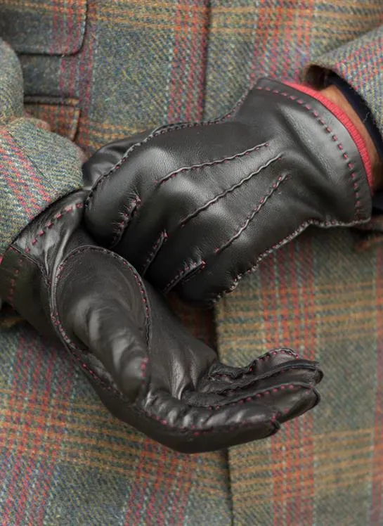 Men's Handsewn Three-Point Cashmere-Lined Leather Gloves with Colour Contrast Details