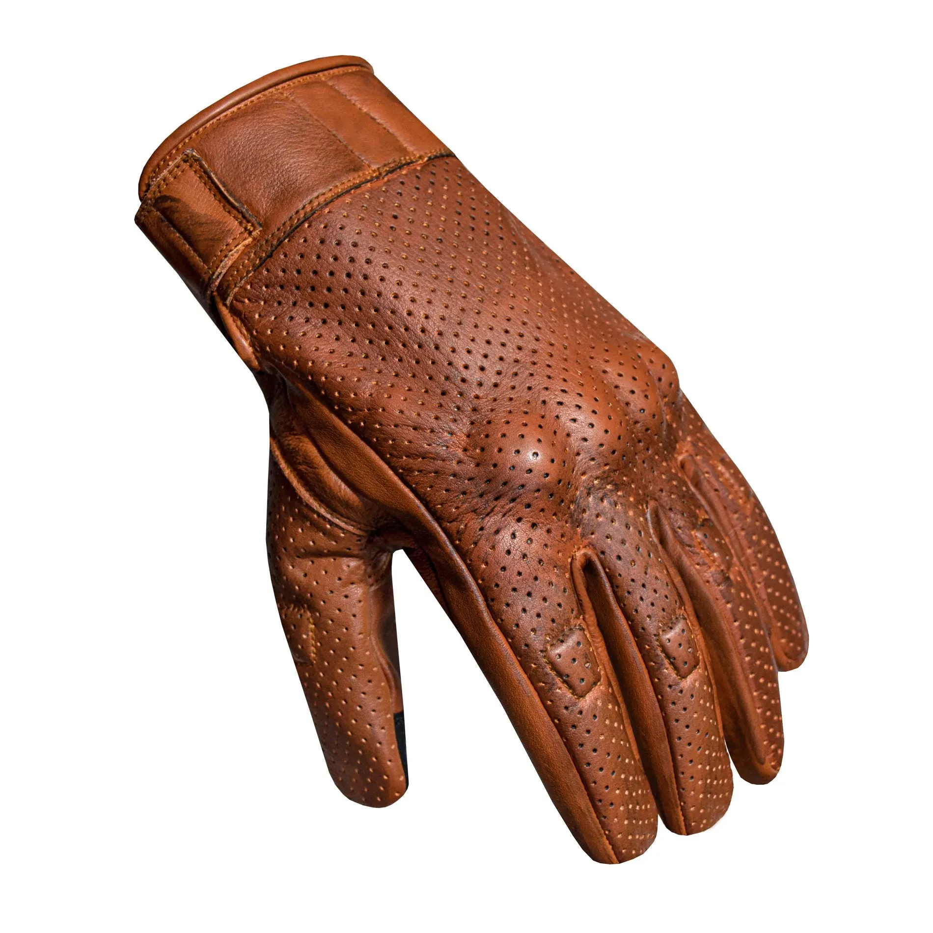 Men's Perforated Brown Leather Motorcycle Gloves for Riding with High Strength Knuckle Protection