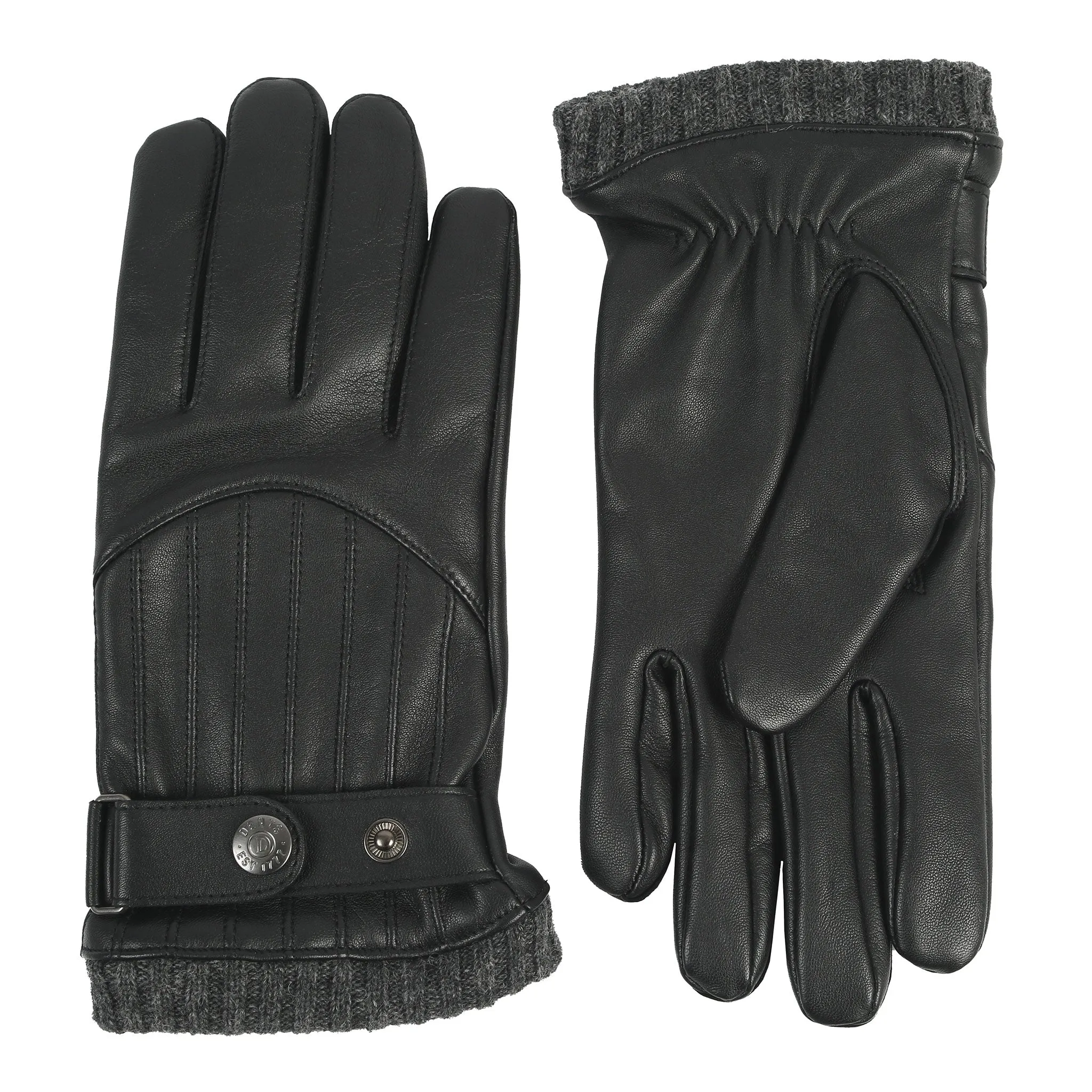 Men’s Touchscreen Wool Blend-Lined Leather Gloves with Vertical Stitch Design and Knitted Cuffs