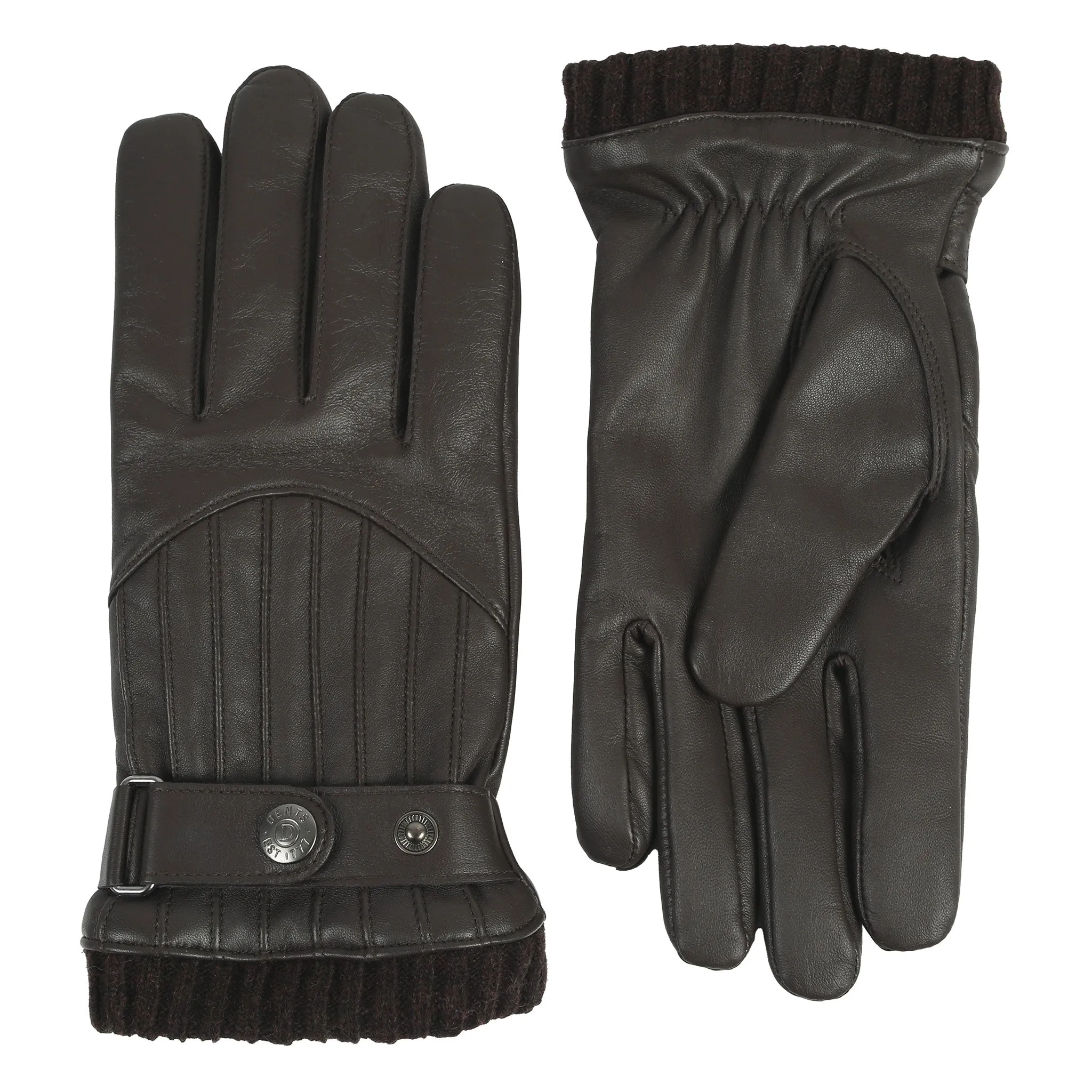 Men’s Touchscreen Wool Blend-Lined Leather Gloves with Vertical Stitch Design and Knitted Cuffs