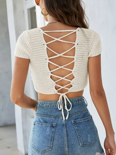 Miami Nights Lace-Up Openwork Crop Crochet Knit Sweater | 8 Colors | Poundton