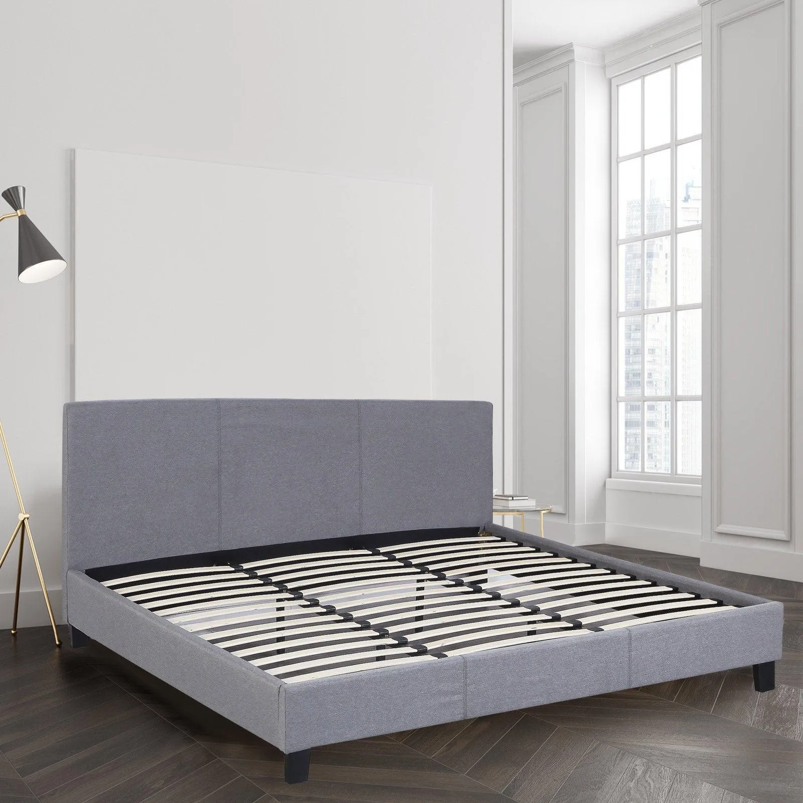 Milano Sienna Luxury Bed Frame Base And Headboard Solid Wood Padded Linen Fabric - Queen - Grey