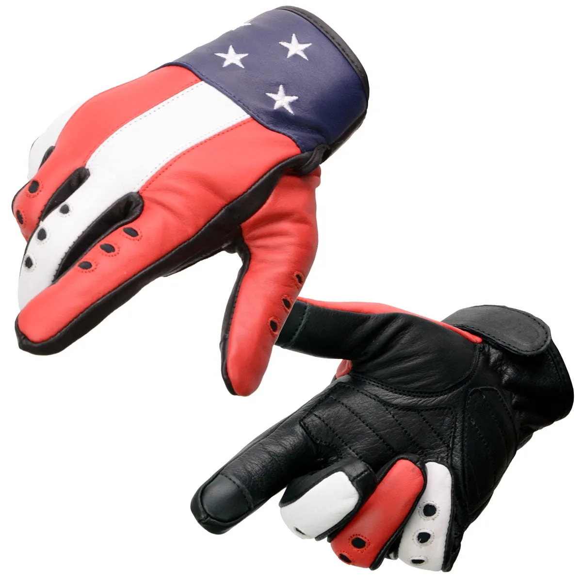 Milwaukee Leather MG7527 Men's Black Leather i-Touch Screen Compatible Motorcycle Hand Gloves w/ Stars and Stripes