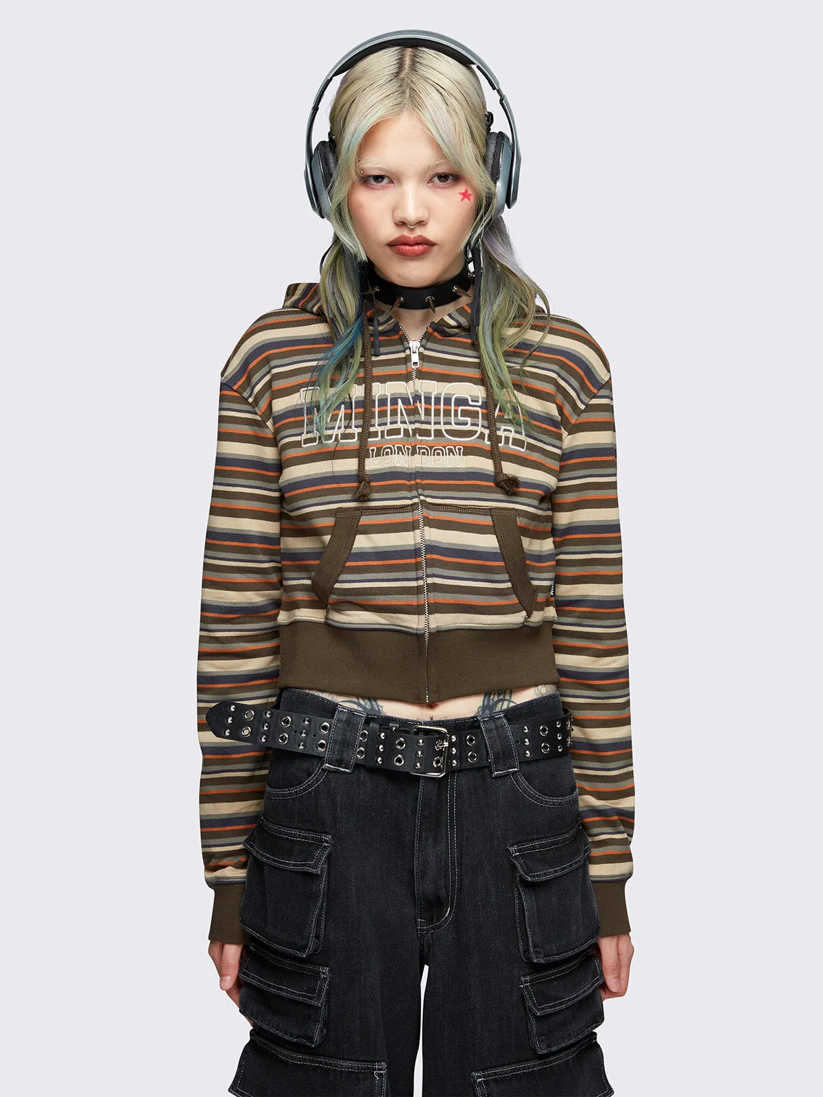 Minga Striped Cropped Zip Up Hoodie