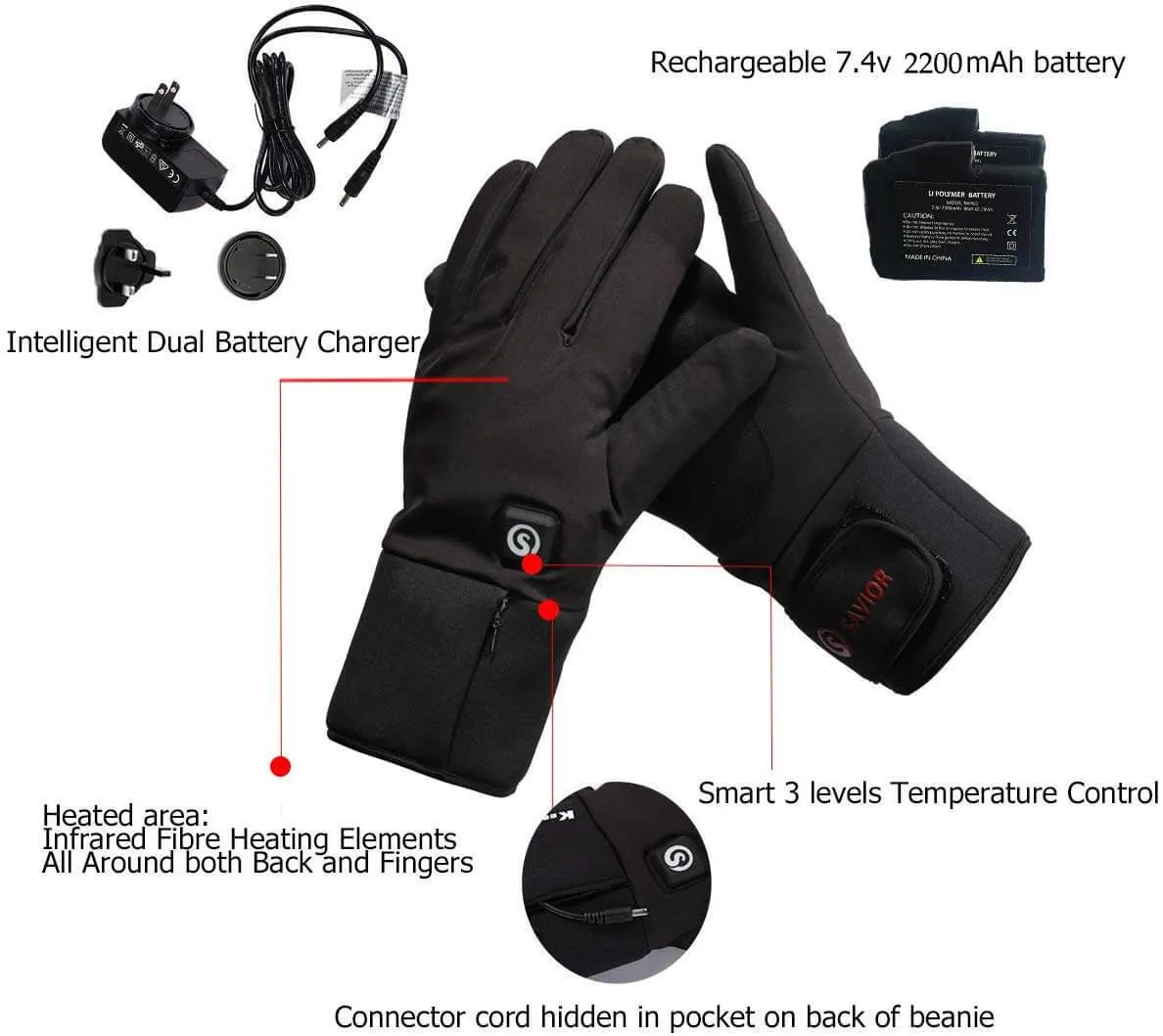 Moderate Thickness Battery Heated Gloves | Fingertip Touch Screen | Savior