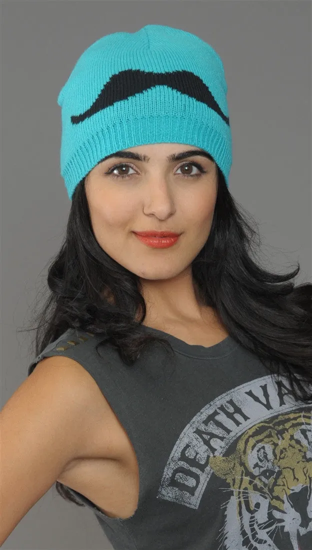 Mustache Knit Beanie Hat in Turquoise