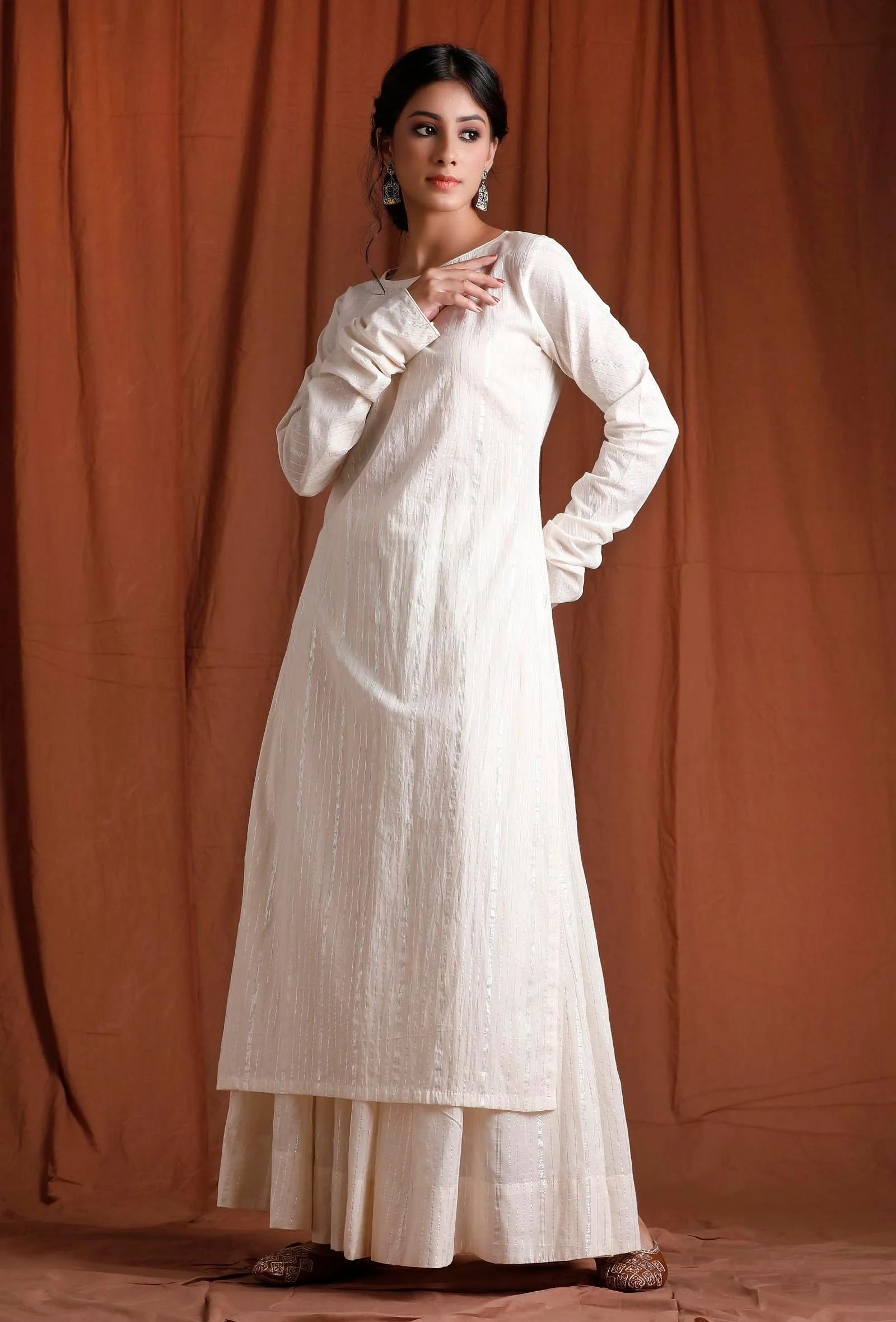 Off White Cotton Full Sleeves Long Kurta