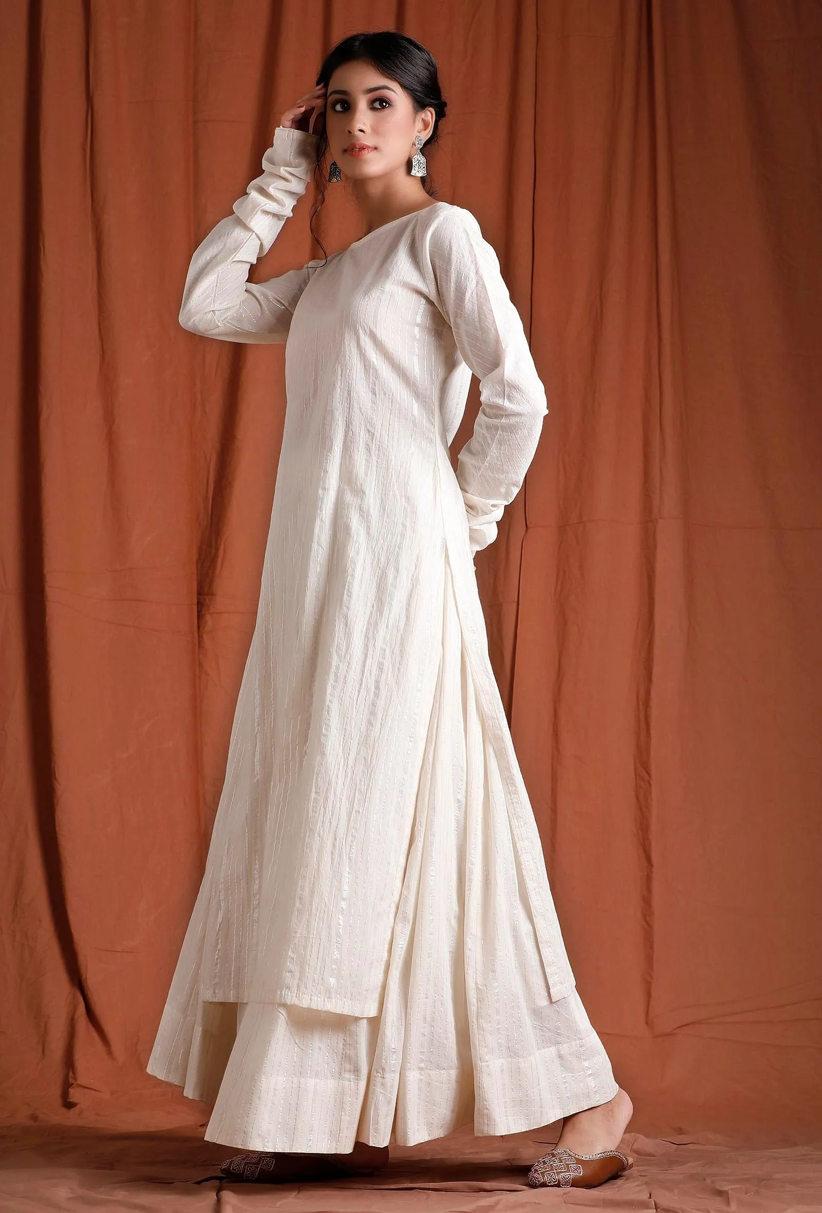 Off White Cotton Full Sleeves Long Kurta