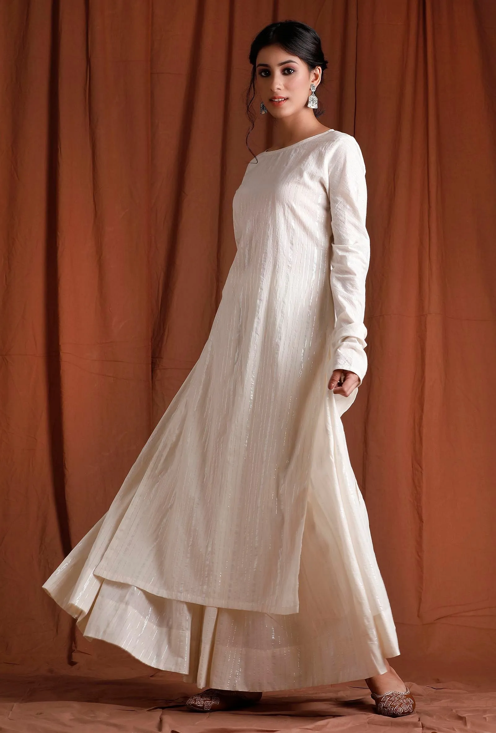 Off White Cotton Full Sleeves Long Kurta