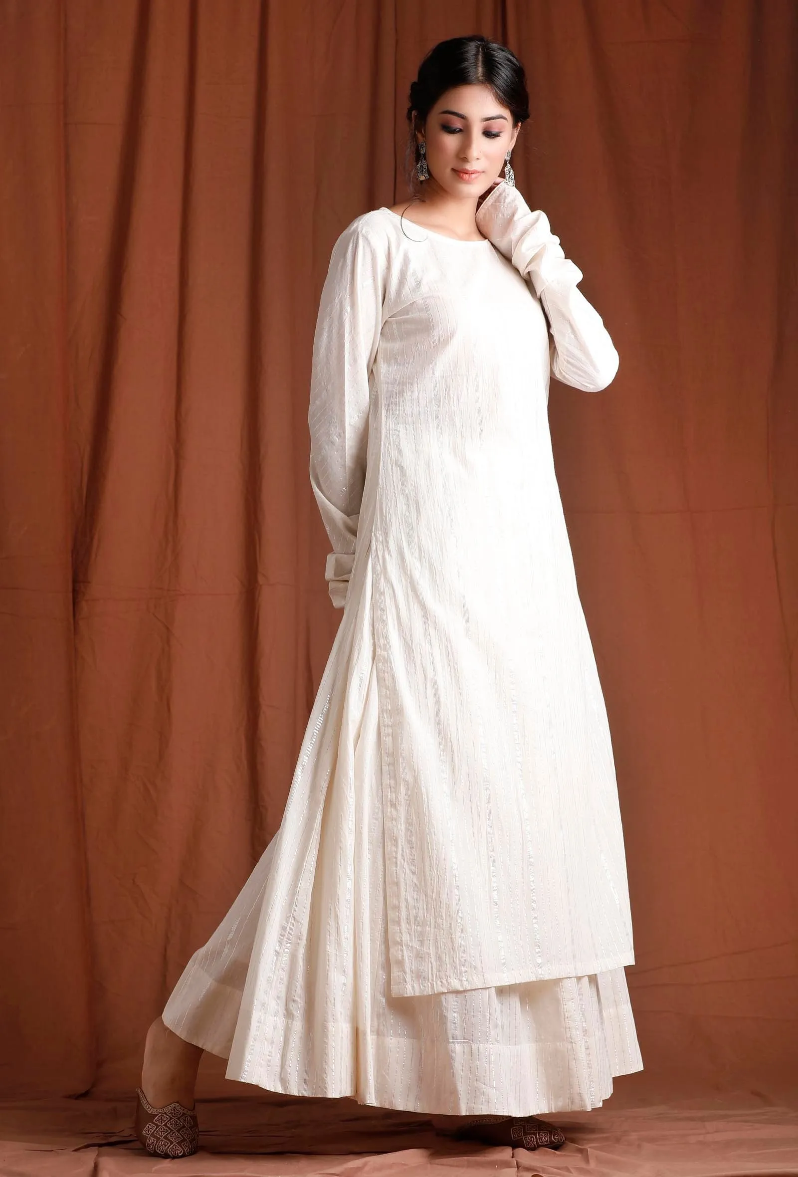 Off White Cotton Full Sleeves Long Kurta