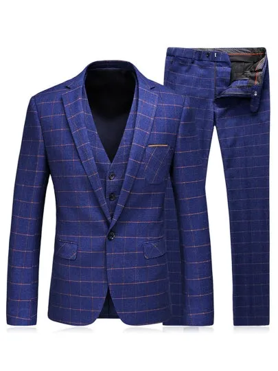 One Button Slim Fit Men's Dress Suit Notched Collar Plaid Printed