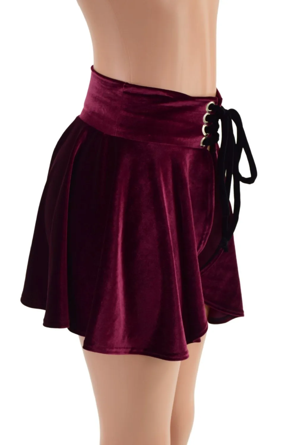 Open Front Lace Up Skirt in Burgundy Velvet