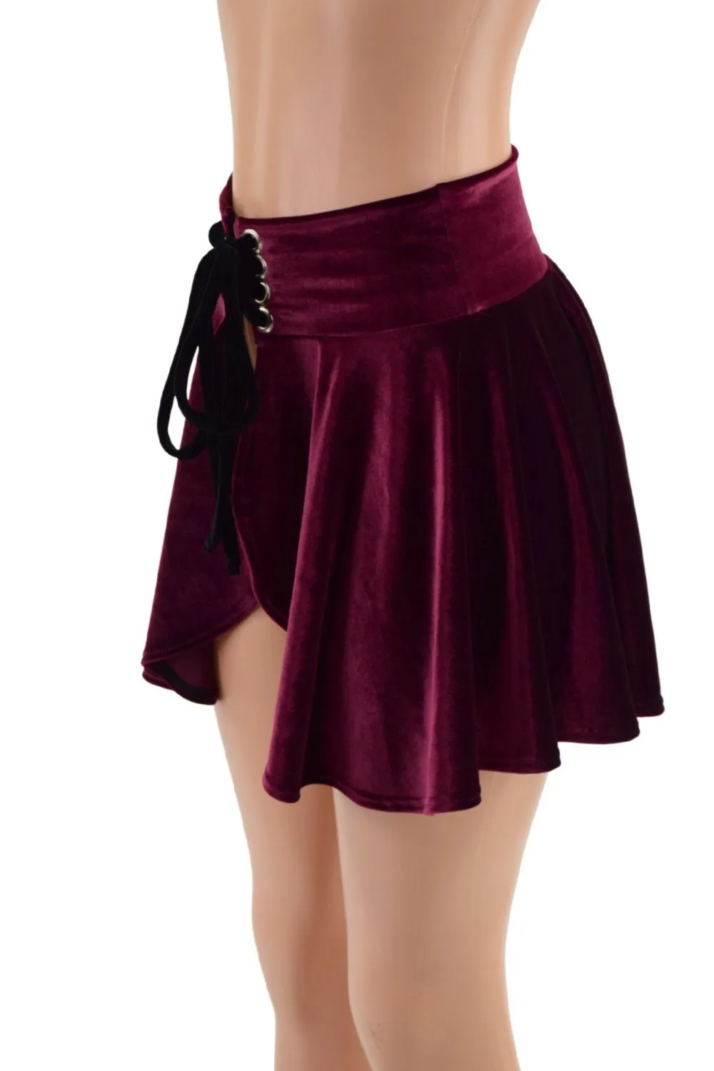 Open Front Lace Up Skirt in Burgundy Velvet