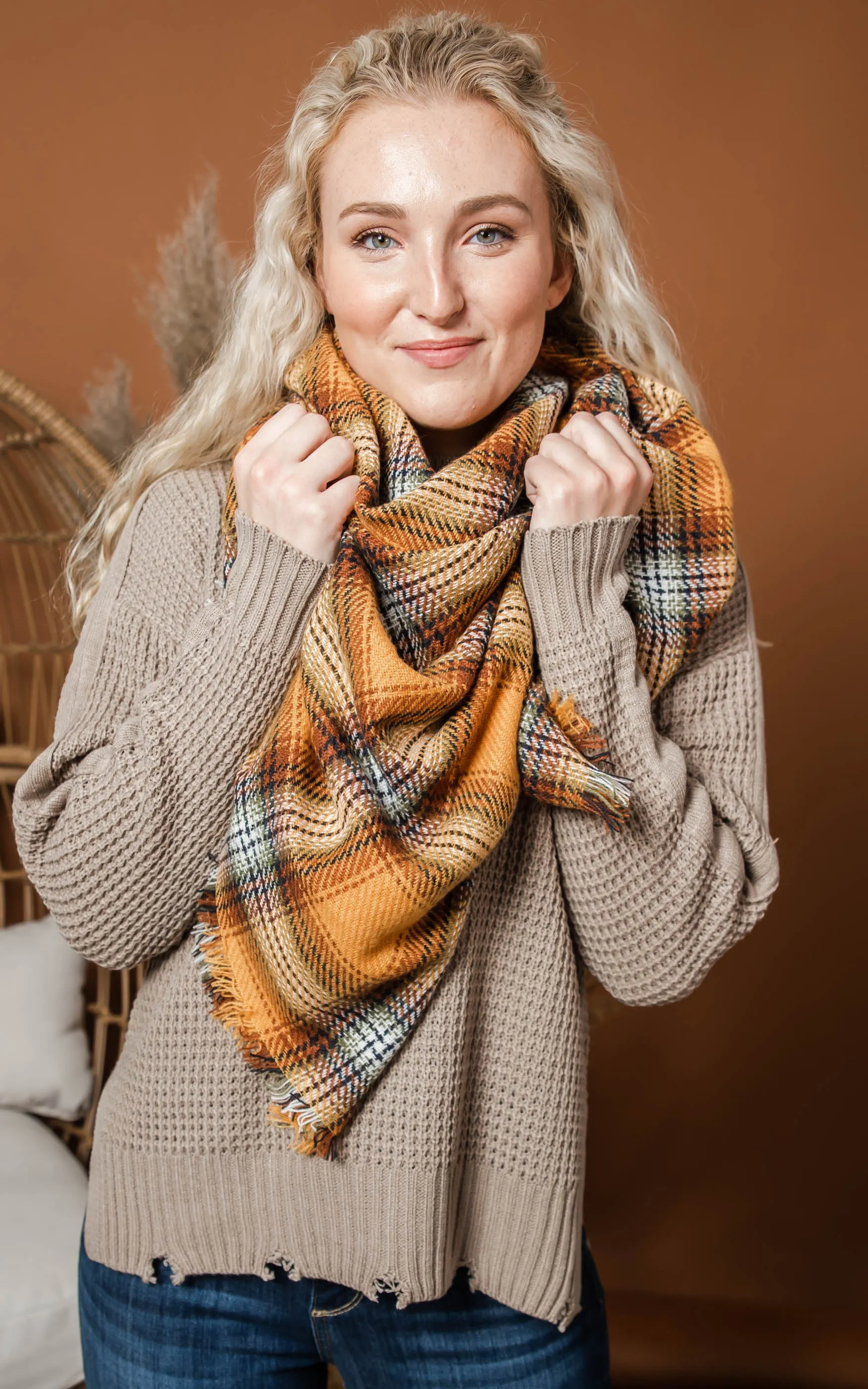 Plaid Blanket Scarf - Mustard - Final Sale