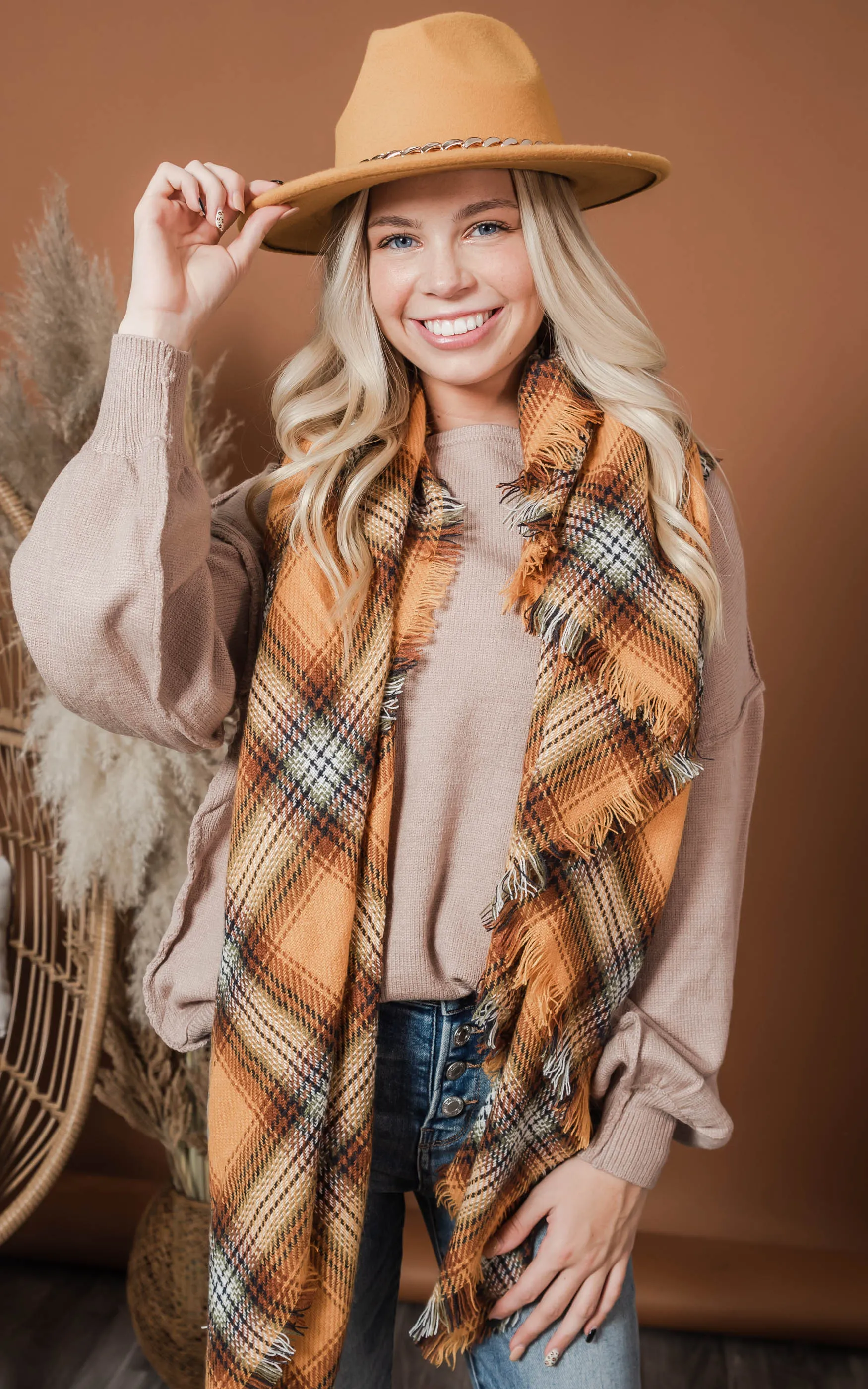 Plaid Blanket Scarf - Mustard - Final Sale