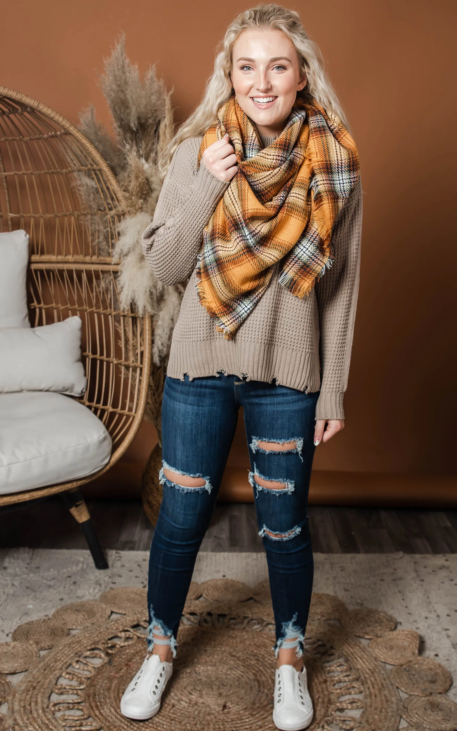 Plaid Blanket Scarf - Mustard - Final Sale