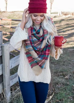 Plaid Blanket Scarf -Red/Taupe/Green