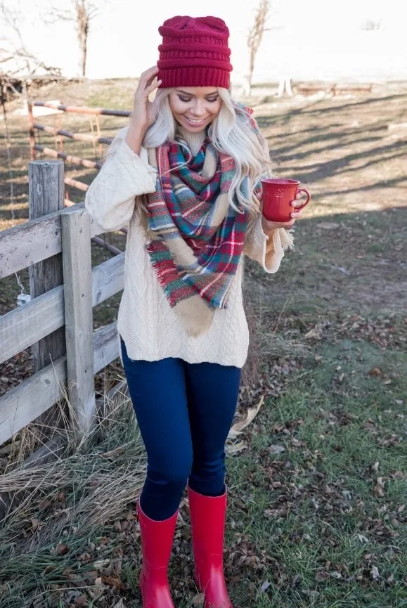 Plaid Blanket Scarf -Red/Taupe/Green