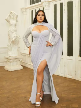 Plus Size Cutout Panel High Split Prom Dress PRJ10944