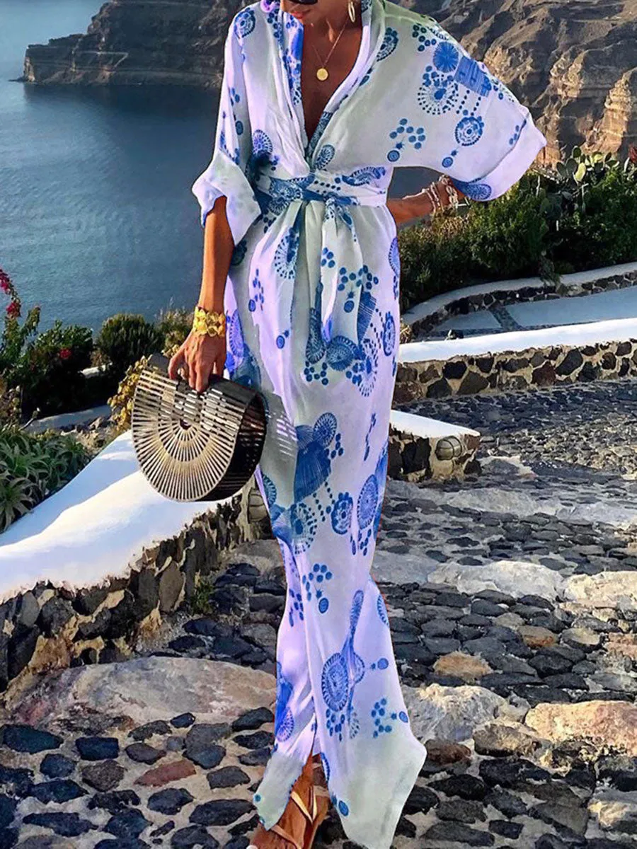 Printed V-neck High Waist Casual Maxi Dress