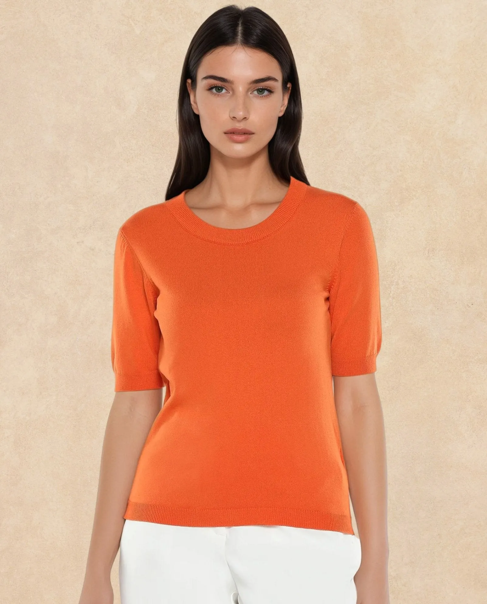 Rareism Women Rohrdo Orange Plain Crew Neck Plain Sweater