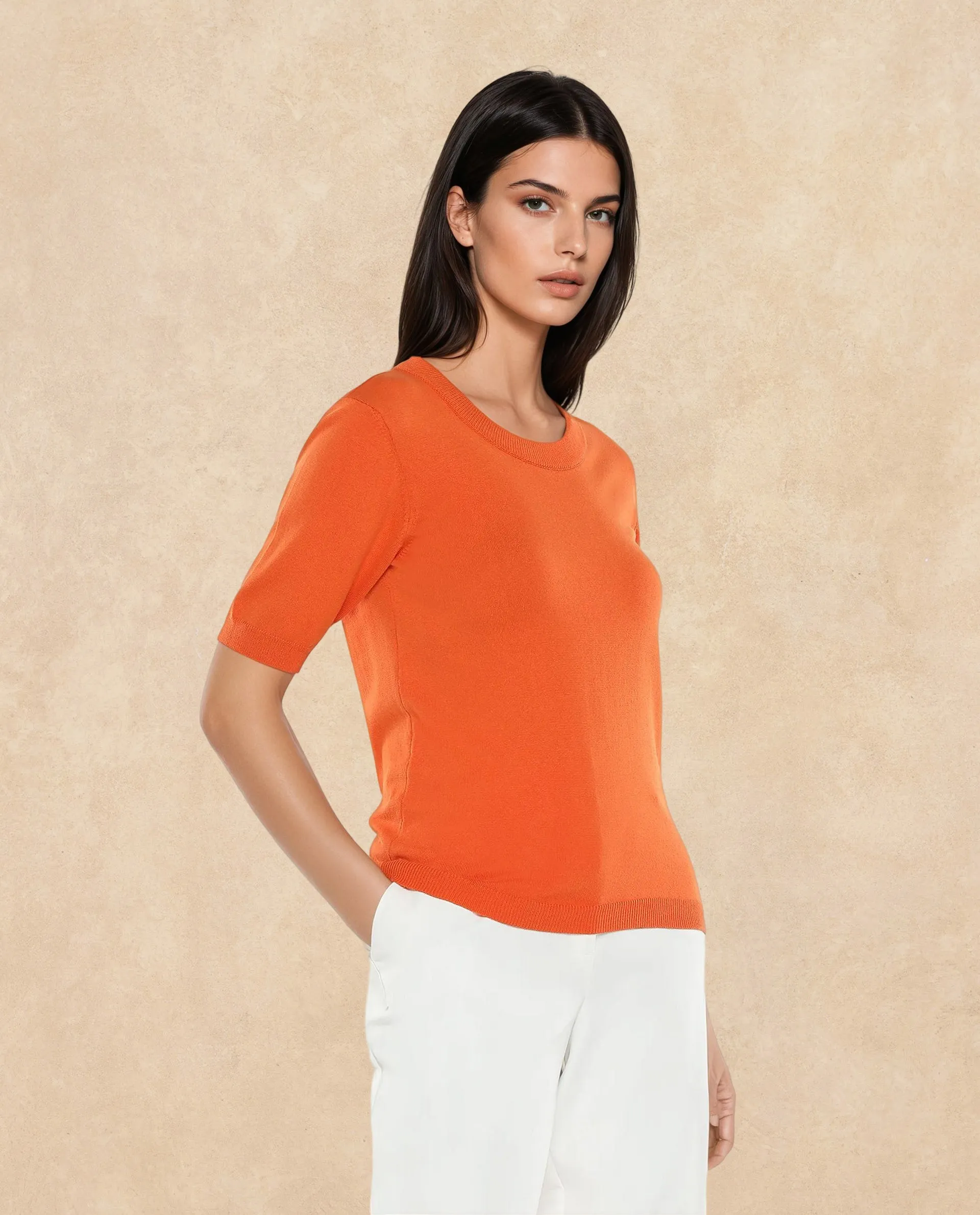 Rareism Women Rohrdo Orange Plain Crew Neck Plain Sweater