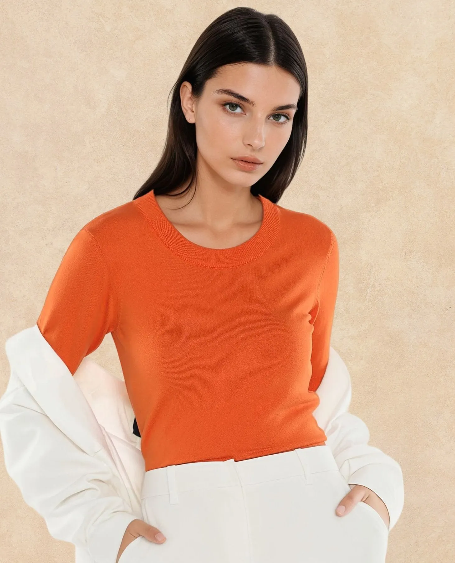 Rareism Women Rohrdo Orange Plain Crew Neck Plain Sweater